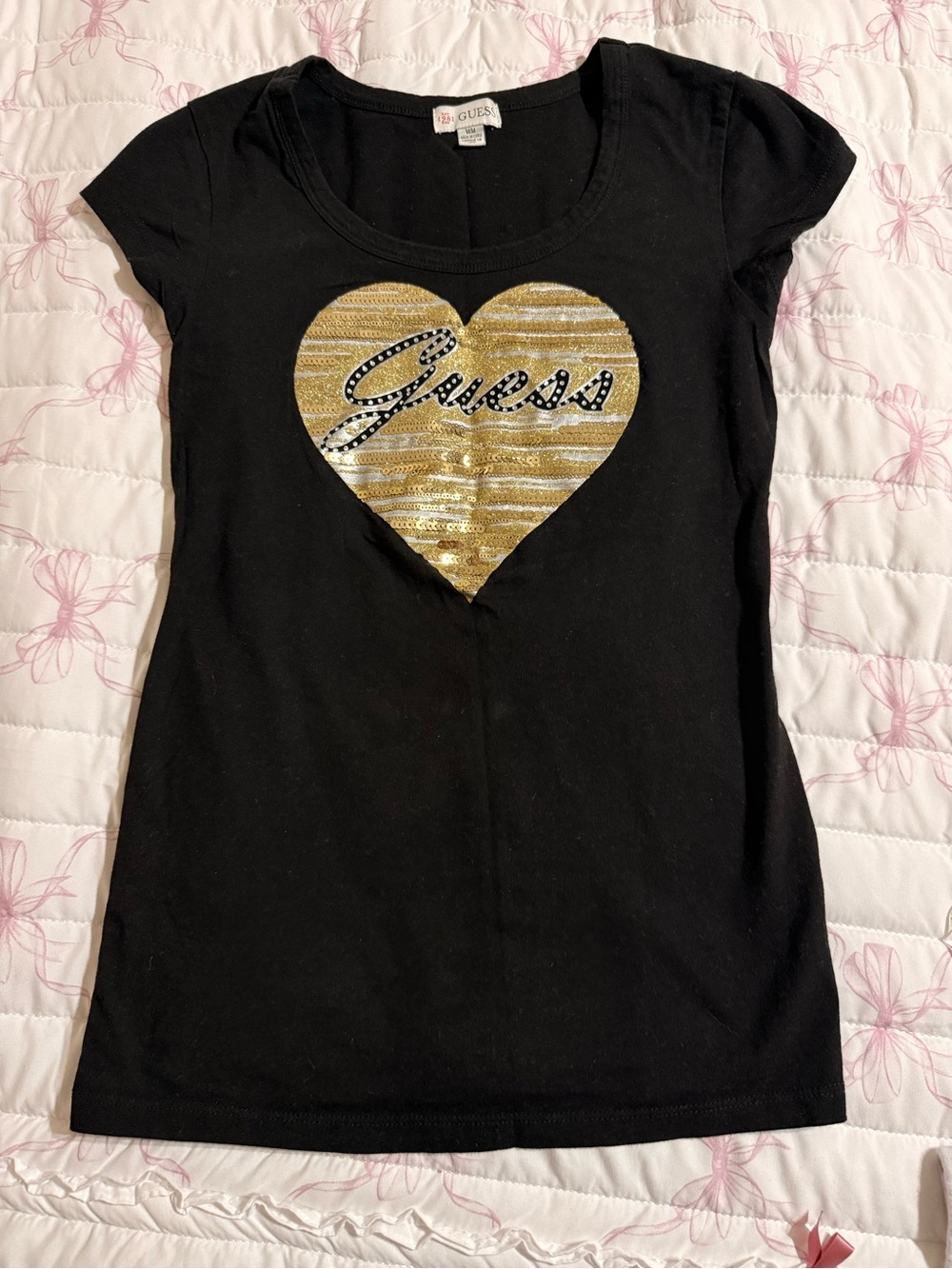 GUESS Black Tee with Gold Sequin Heart Accent
